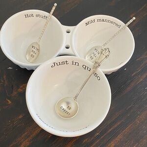 Mud Pie White Ceramic Triple Dip Server with Playful Text